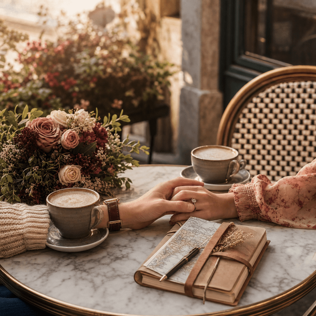 Zwei Kaffee und ein Reisetagebuch auf einem Tisch